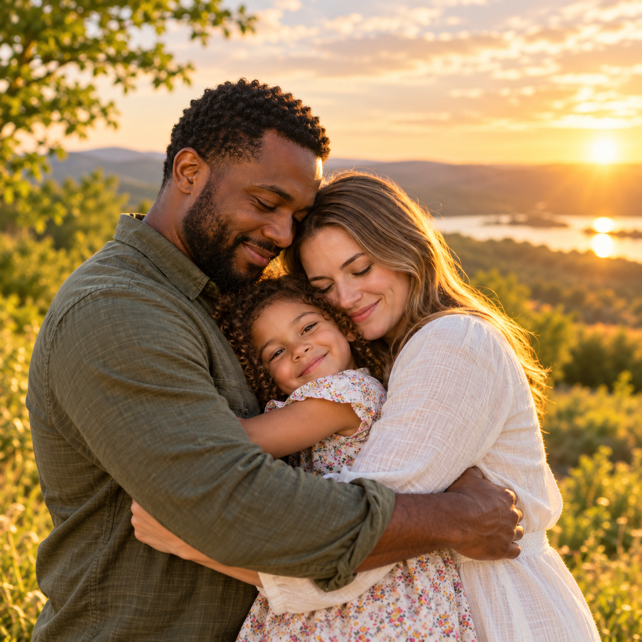 Parents and their daughter sharing a loving embrace at sunset